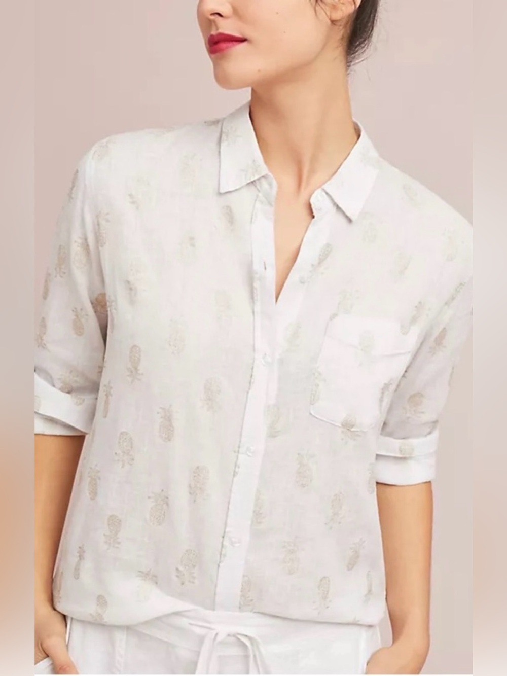 Rails Charli Linen Blend Shirt S Small White Metallic Gold Pineapple Button Down